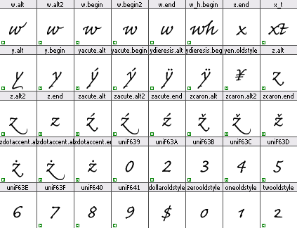 Quelques glyphes de la fonte Caflisch Script Pro et leurs noms